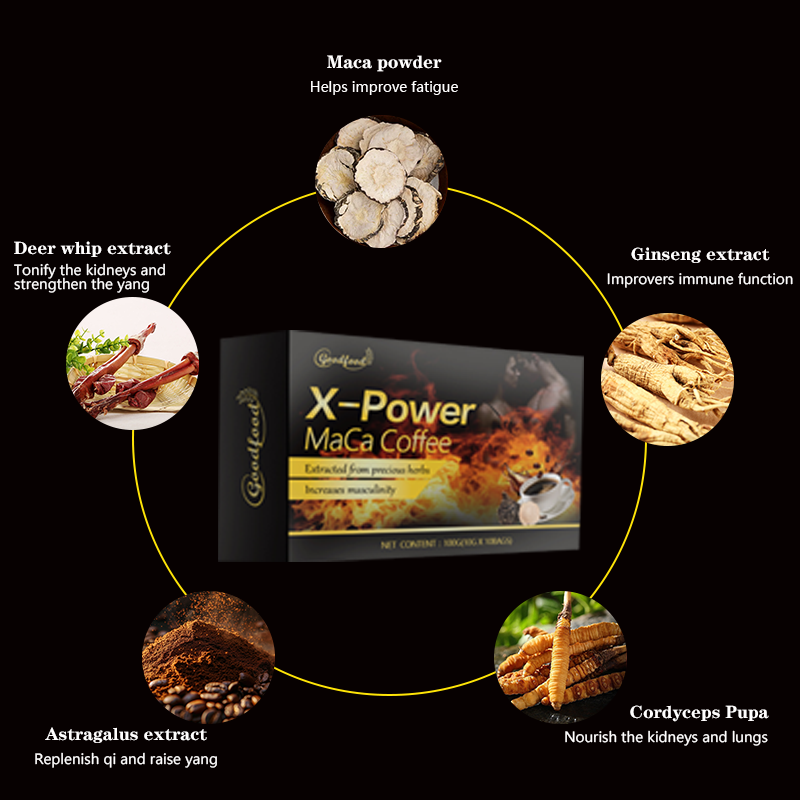 Café instantané au chocolat énergisant Man X Power pour hommes, marque privée, complément alimentaire à base de maca, ginseng et rein, boostant la vitalité par les fruits